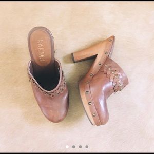 Deep caramel leather Ralph Lauren heeled clogs
